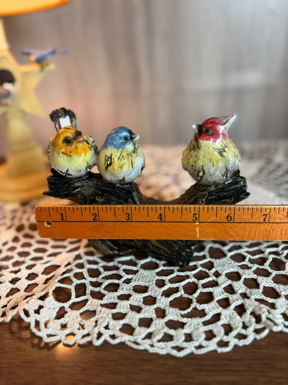 Hand-Painted Three-Bird Branch Figurine in Yellow, Blue & Red